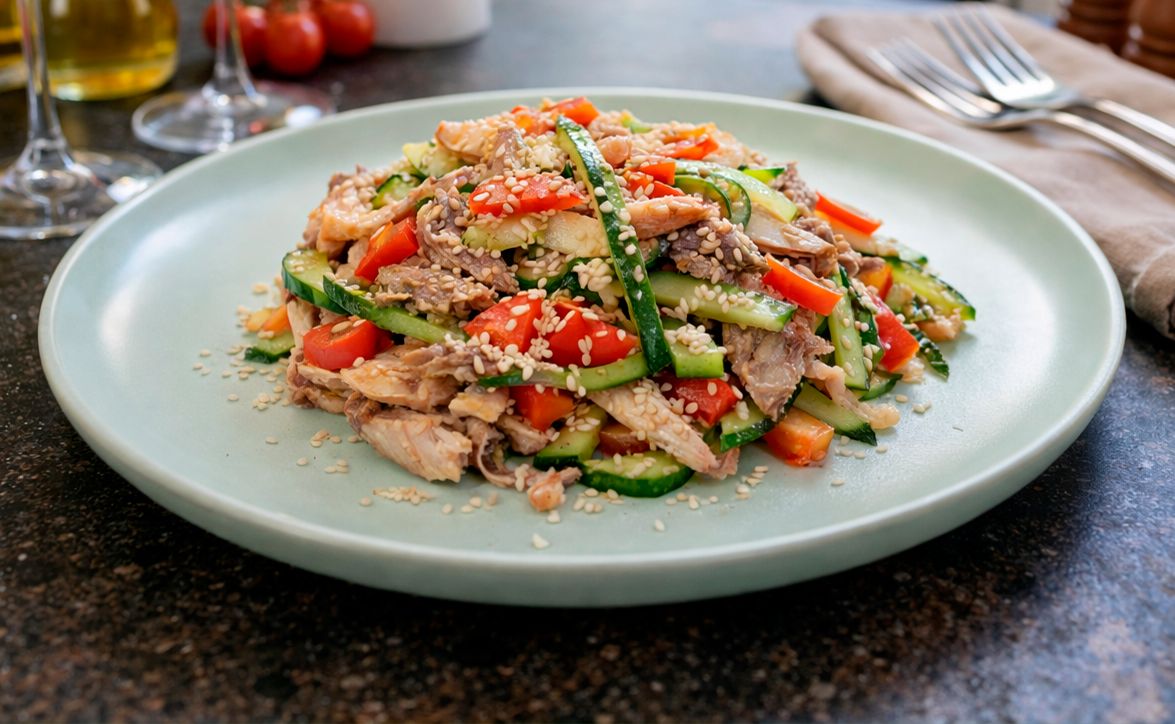 Необычный салат с говядиной, курицей и грушею